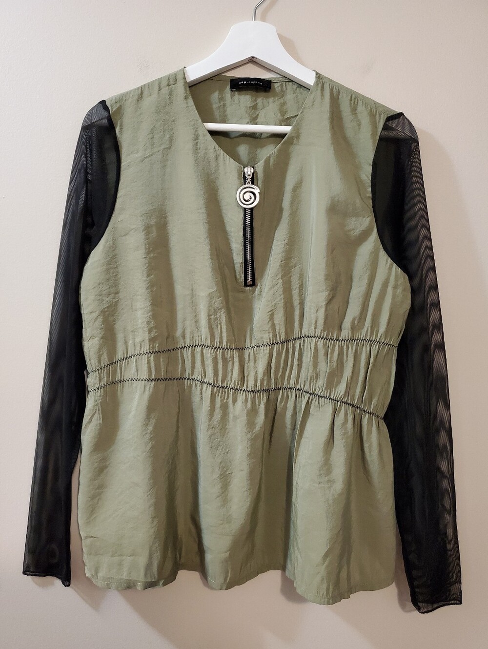 Cop.Copine - Green Gathered Top With Mesh Sleeves - Size 40 France (Size L)